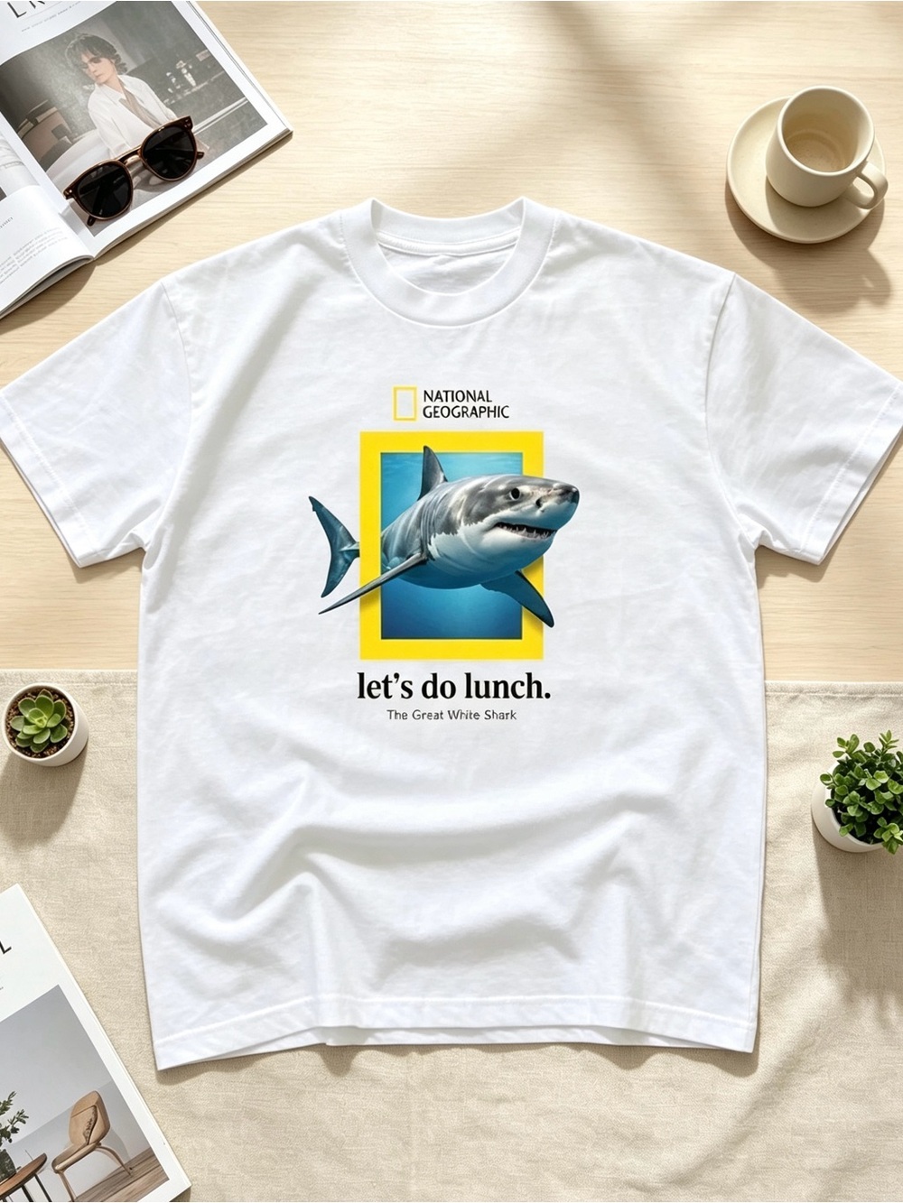 National Geographic Men's White Shark Graphic Tee - White with Blue & Yellow - Picture 1 of 1